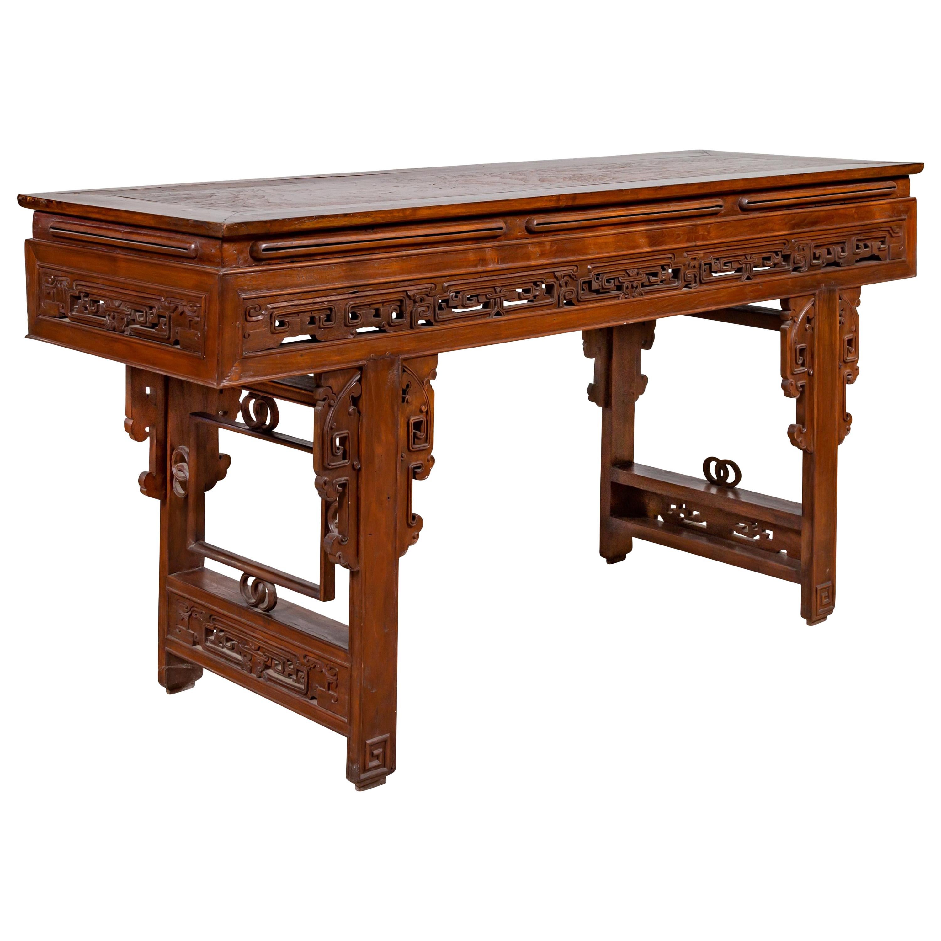 Antique Chinese Altar Console Table with Overhang Top and Open Fretwork Scrolls For Sale
