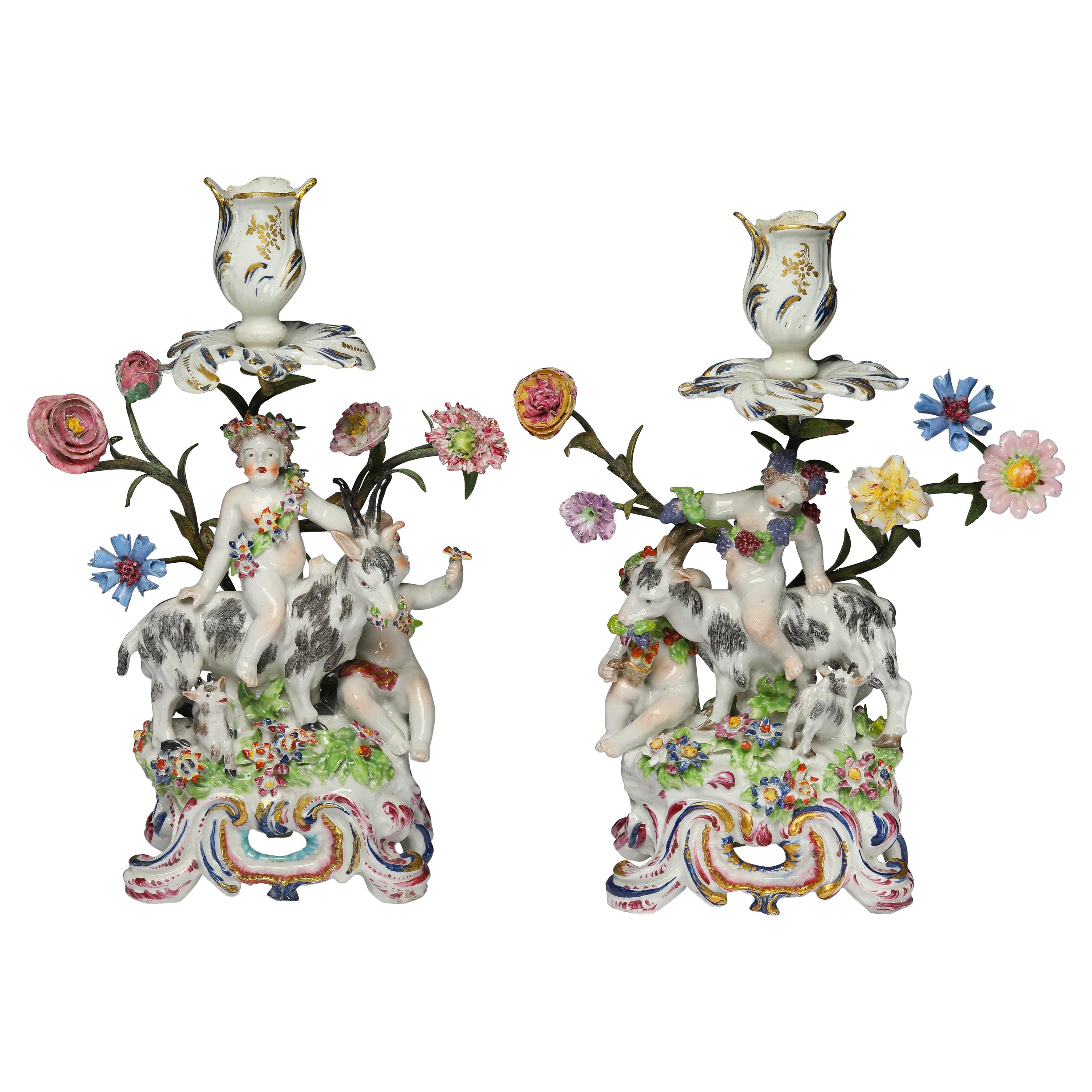 Pair of Bocage Candlesticks, Putti and Goats. Bow 1766 For Sale