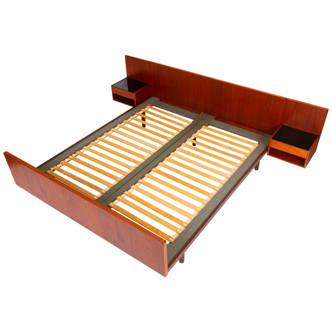 Queen Size Teak Bed Frame with Floating Nightstands by Hans Wegner for GETAMA