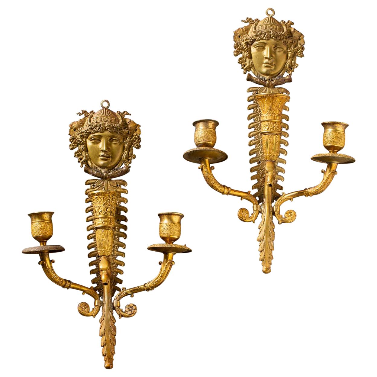 Pair of Neoclassical Antique French Empire Style Gilt Bronze Sconces, circa 1870 For Sale