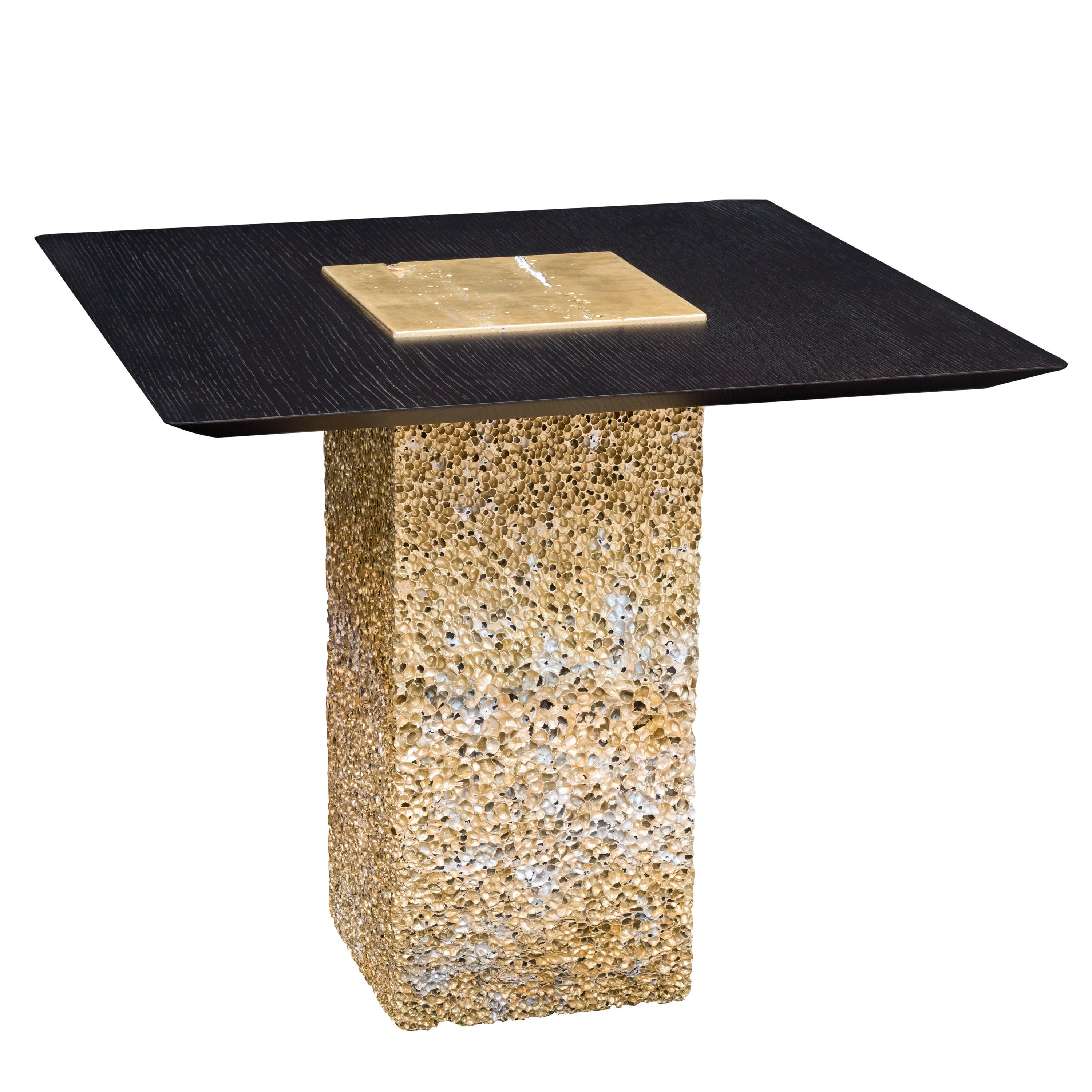 Metal Rock Gold Side Table with Black Wood Extension by Michael Young For Sale