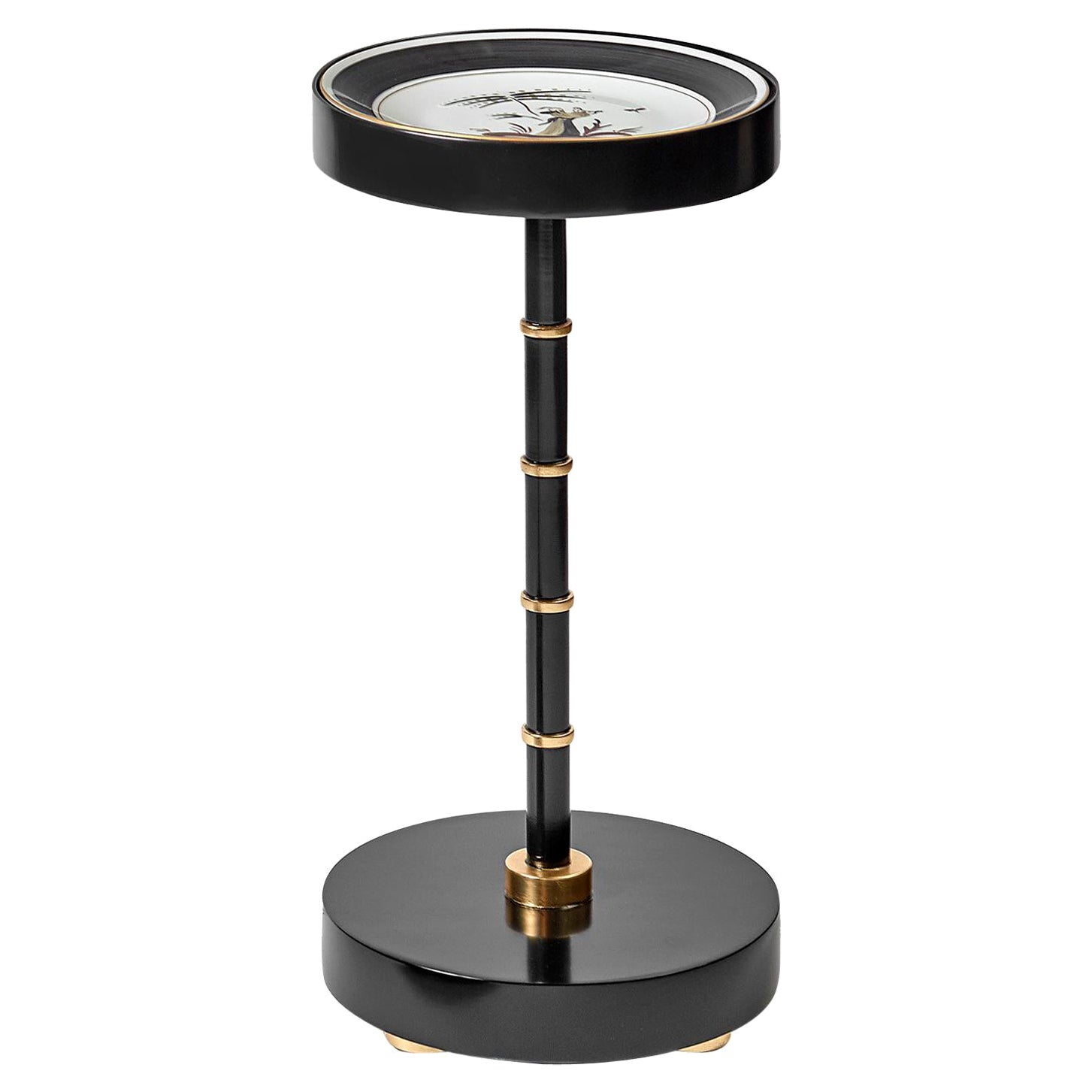 Palmer Plate Round Table with Porcelain Plate in Black Lacquered and Gold Leaf For Sale