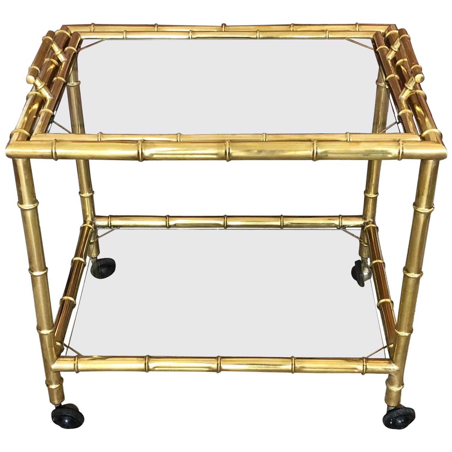 Elegant French Brass Faux Bamboo Bar Cart with Removable Tray Top