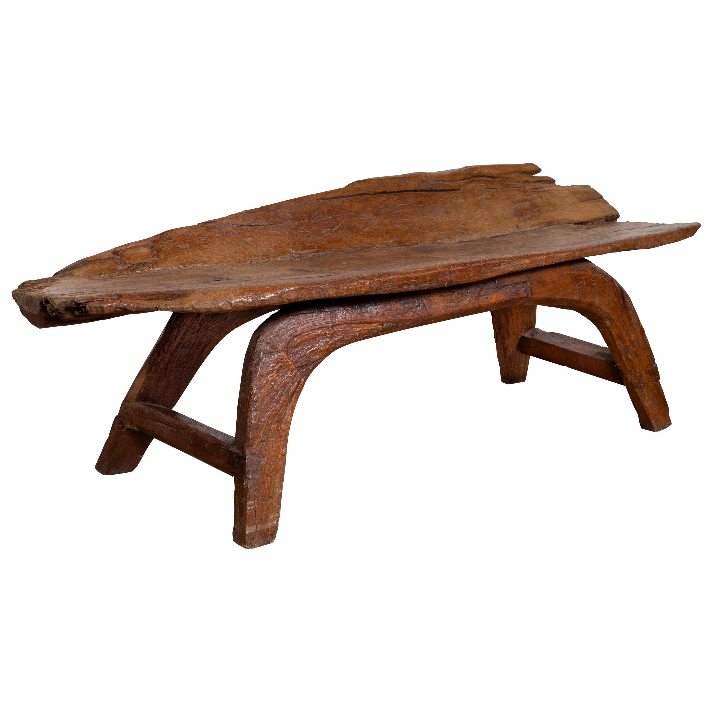 Freeform Design Antique Wooden Bench from the Riverbed of Bali with Arching Base