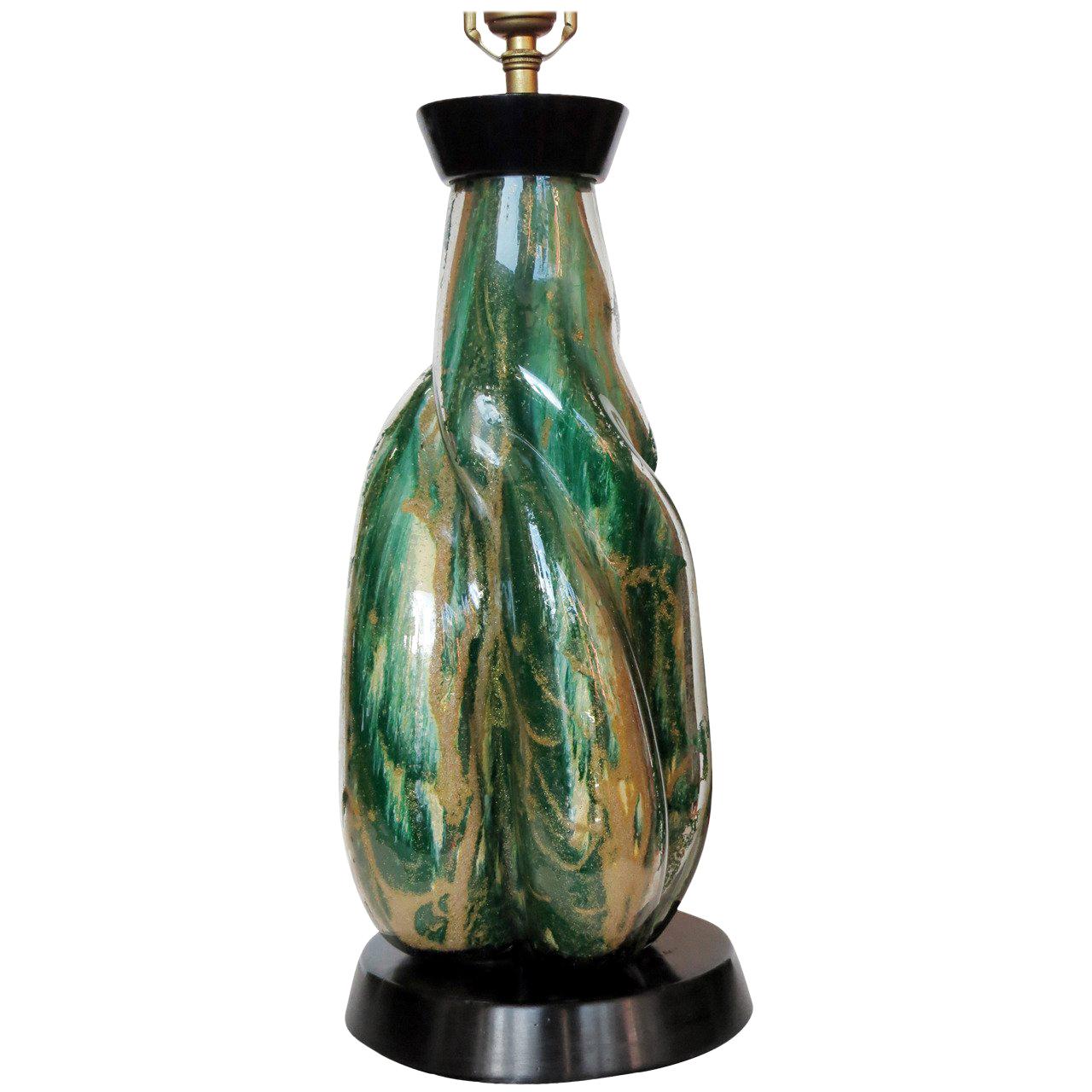 Midcentury Murano Glass Table Lamp with Wood Base