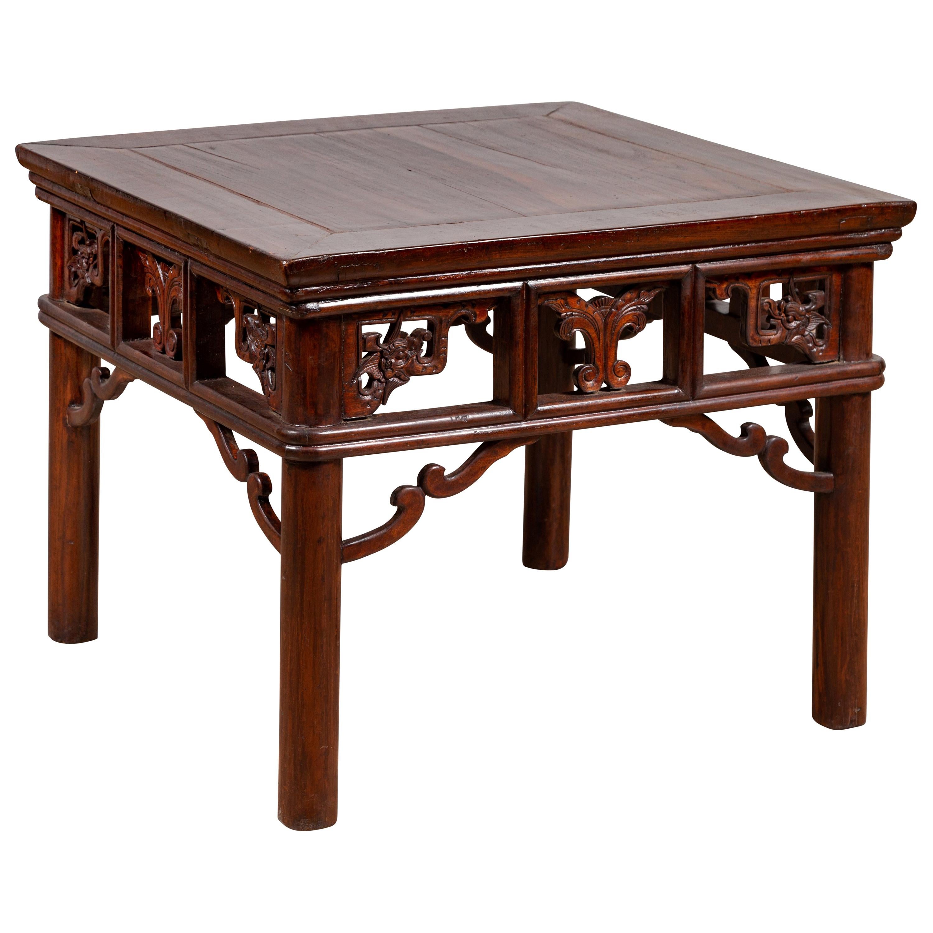 Chinese Antique Side Table with Open Fretwork Design and Dark Wood Patina