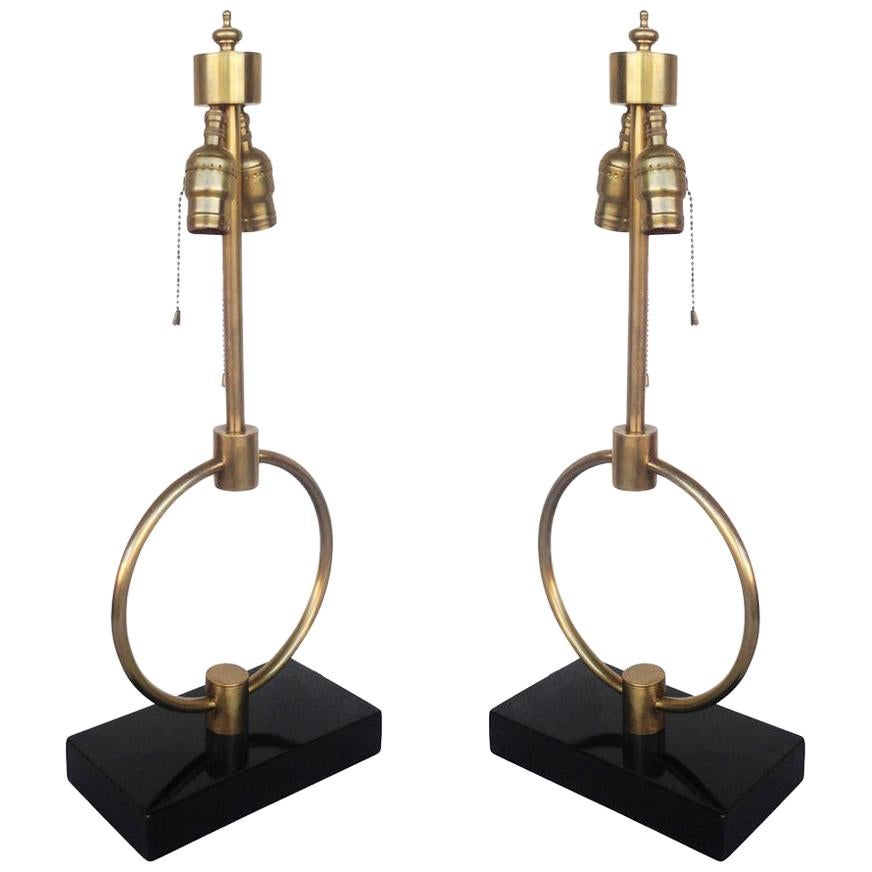 Gilbert Rohde Style Brass Ring Table Lamp, Pair For Sale