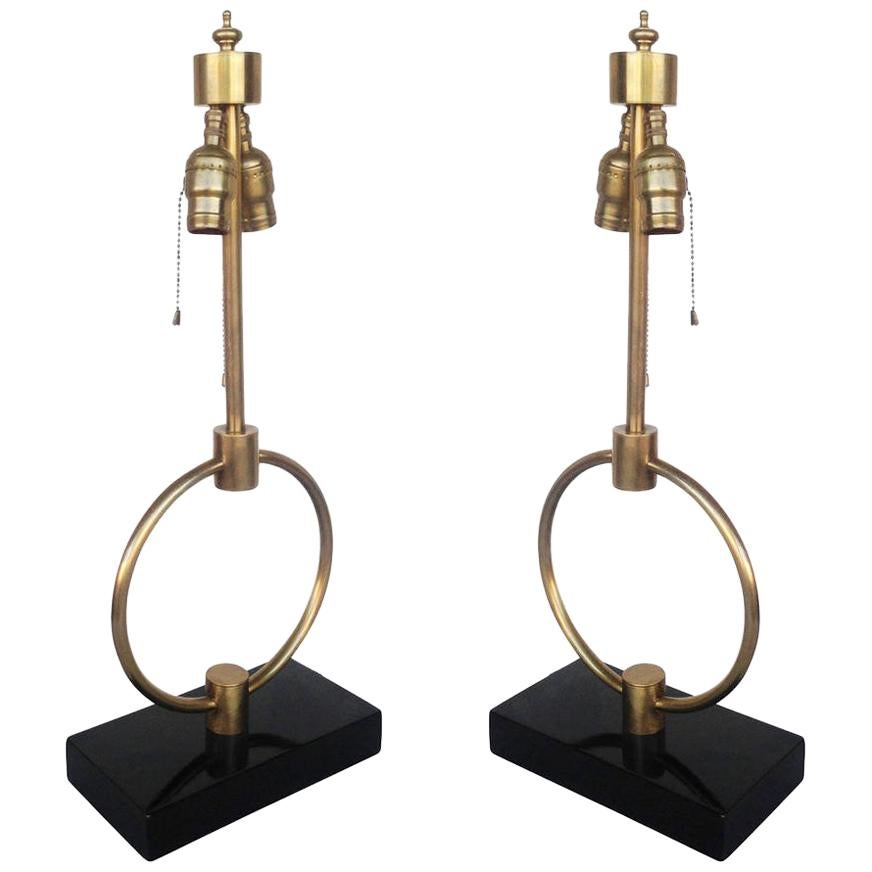 Mid-century Gilbert Rohde Style Brass Ring Table Lamp, Pair