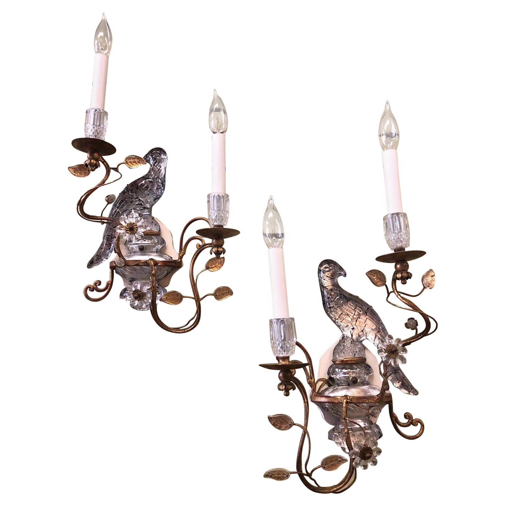 Pair of French Gilt Sconces with Parrots in the Manner of Maison Bagues