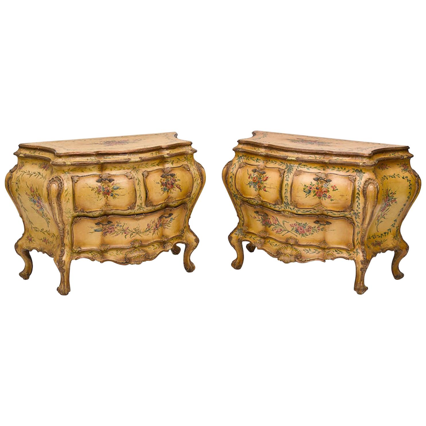 Pair of Italian Rococo Style Hand Painted Commodes, Late 19th Century