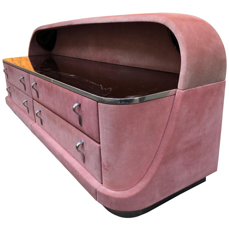 1980s Italian Pink Suede Rosewood Laminate And Chrome Dresser For