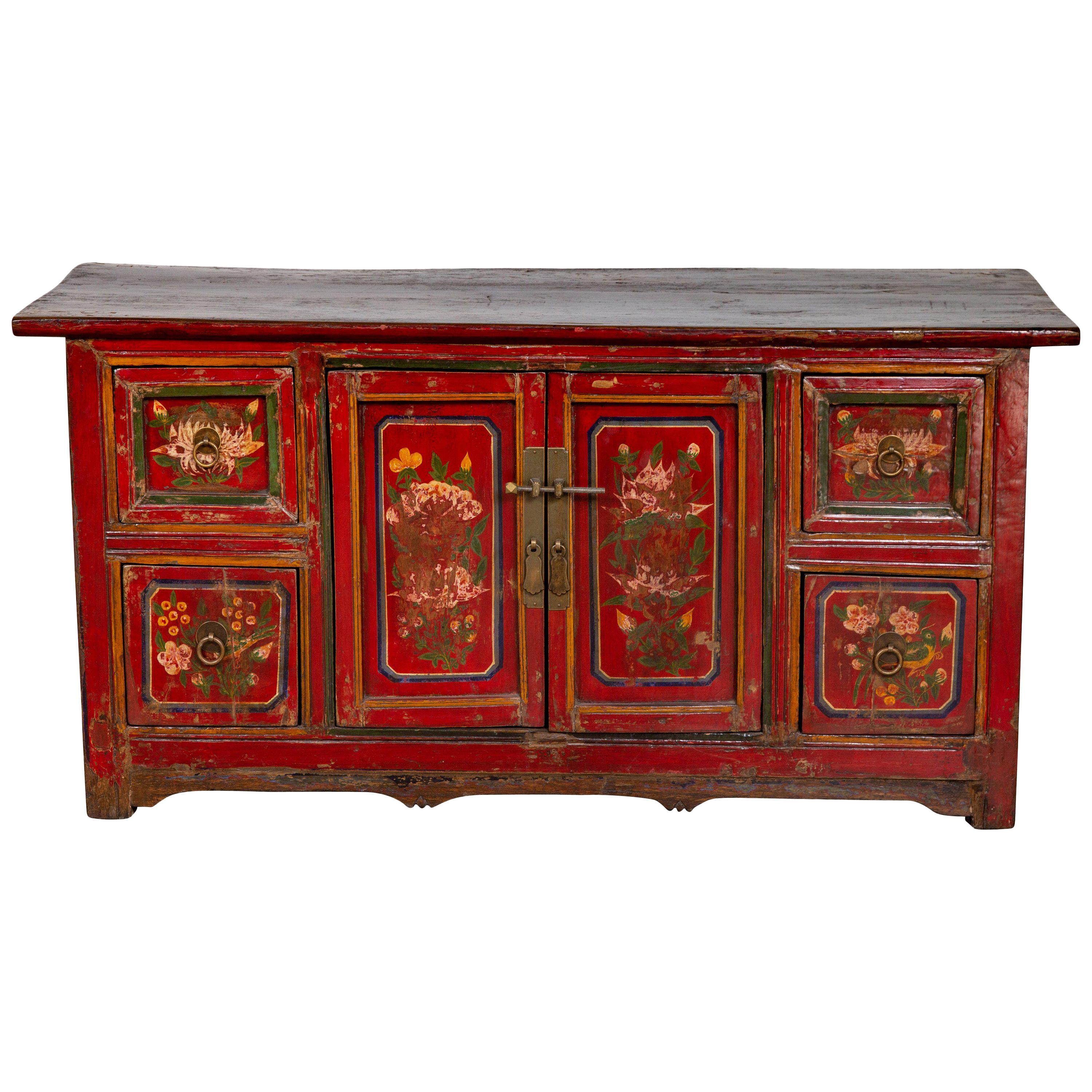 Mongolian Red Lacquered Cabinet with Hand Painted Floral Décor, circa 1900