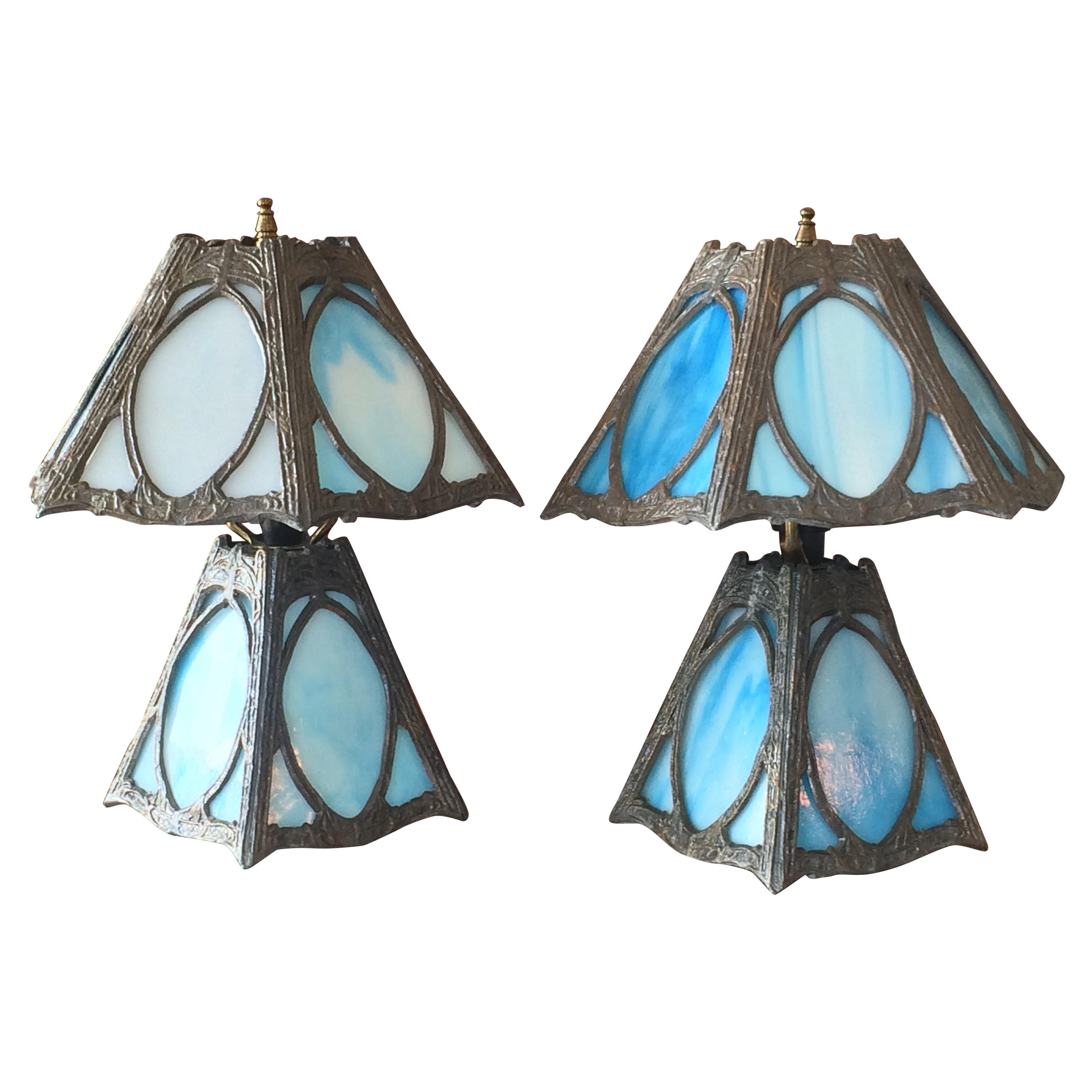 Pair of Art Nouveau Blue Slag Glass Lamps