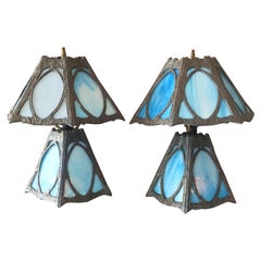 Pair of Art Nouveau Blue Slag Glass Lamps