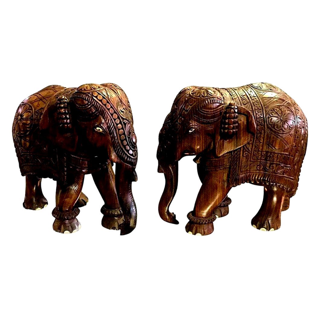 Pair of Large Heavy South India Indian Carved Hardwood Elephants with Bone Inlay For Sale