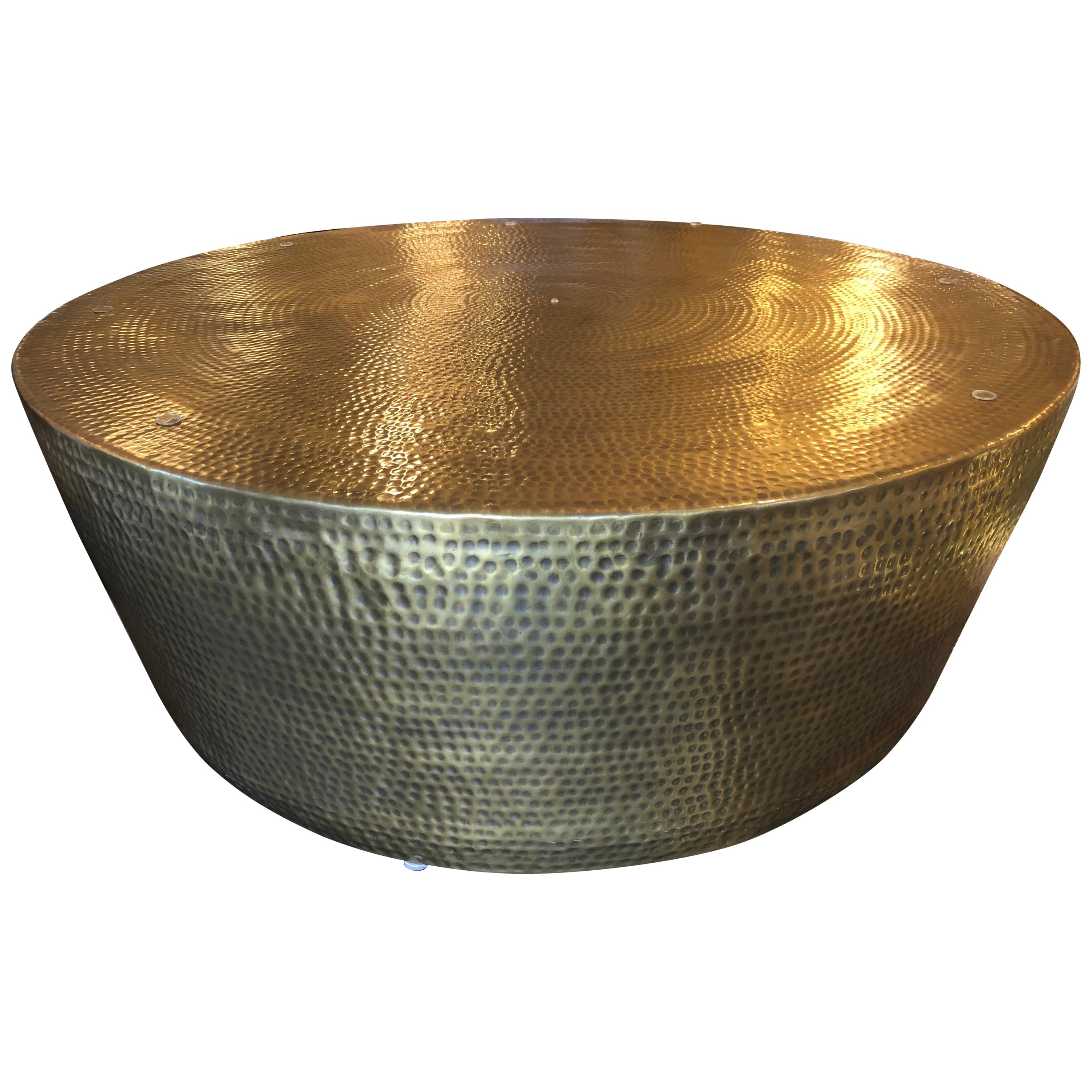 Round Hammered Brass Coffee Table For Sale
