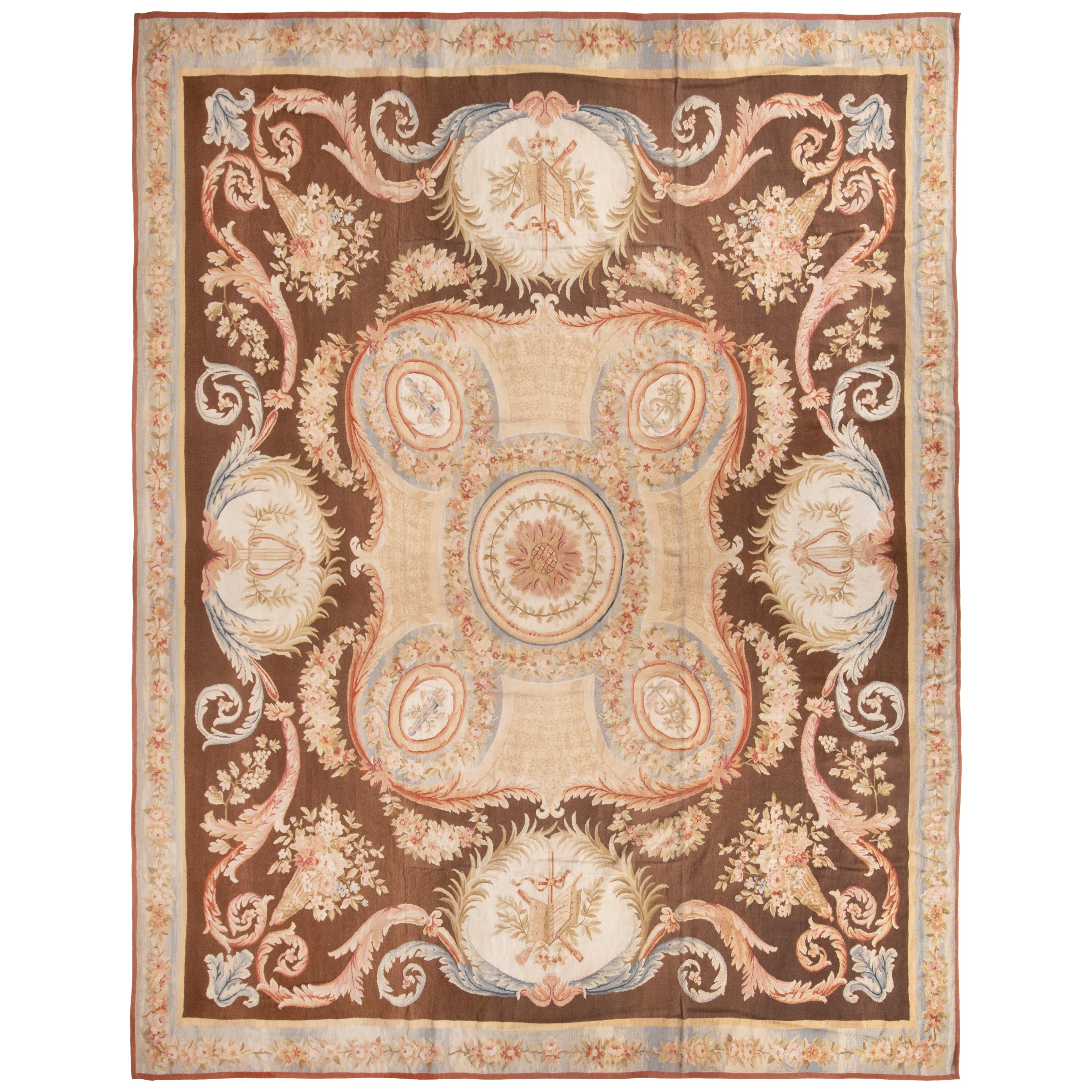 New Aubusson Pink and Brown Wool Rug with All-Over Floral Patterns