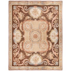 New Aubusson Pink and Brown Wool Rug with All-Over Floral Patterns