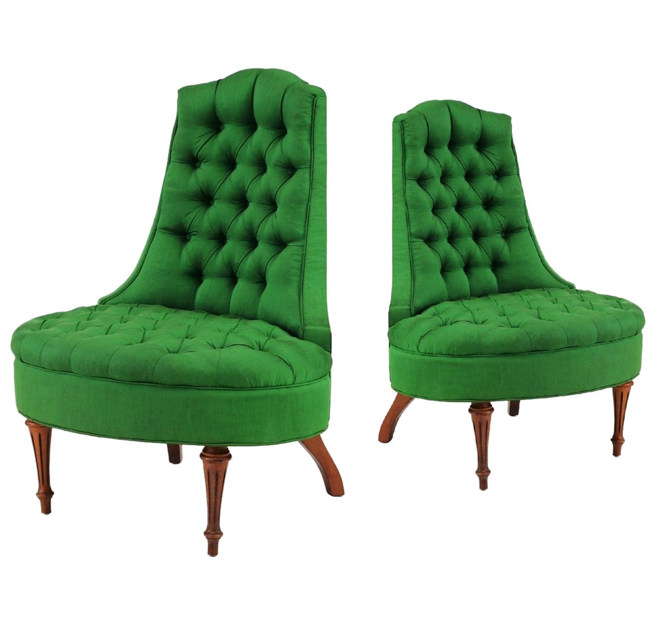 Green Silk Hollywood Regency Style Tufted Chairs