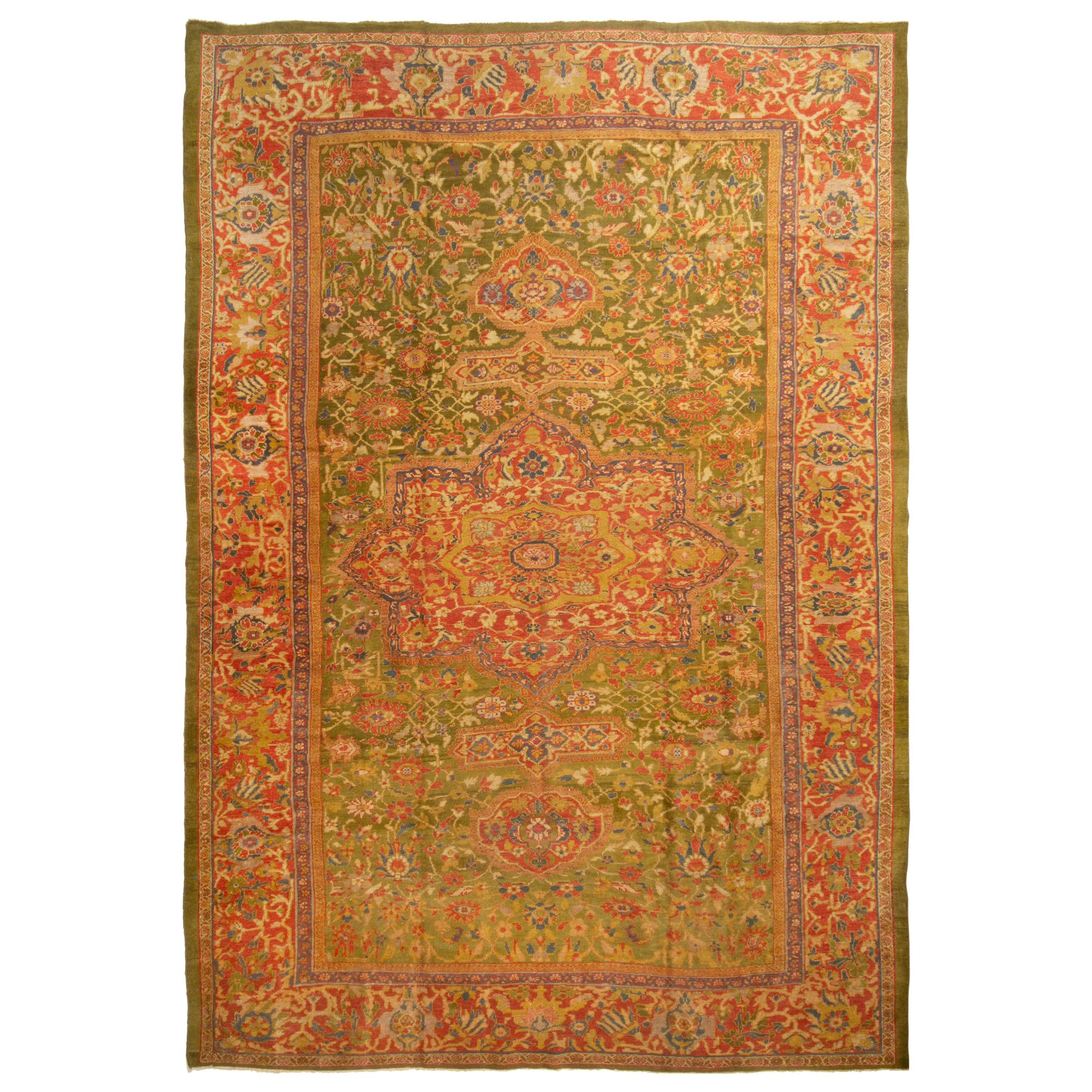 Antique Sultanabad Indian Red and Green Floral Rug