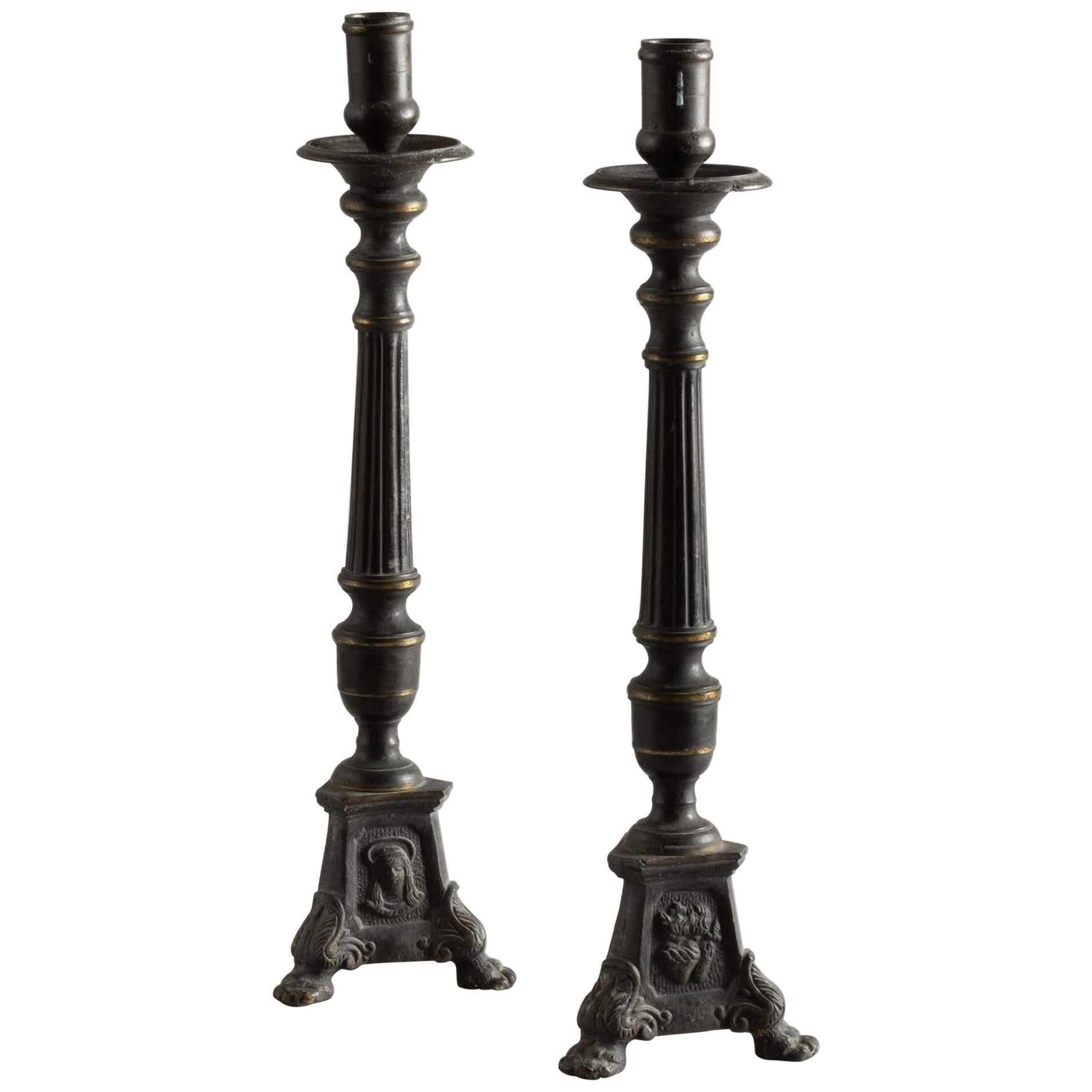 Set of Two Brass Candleholders with Gilt Details, Italy, Early 1800 For Sale
