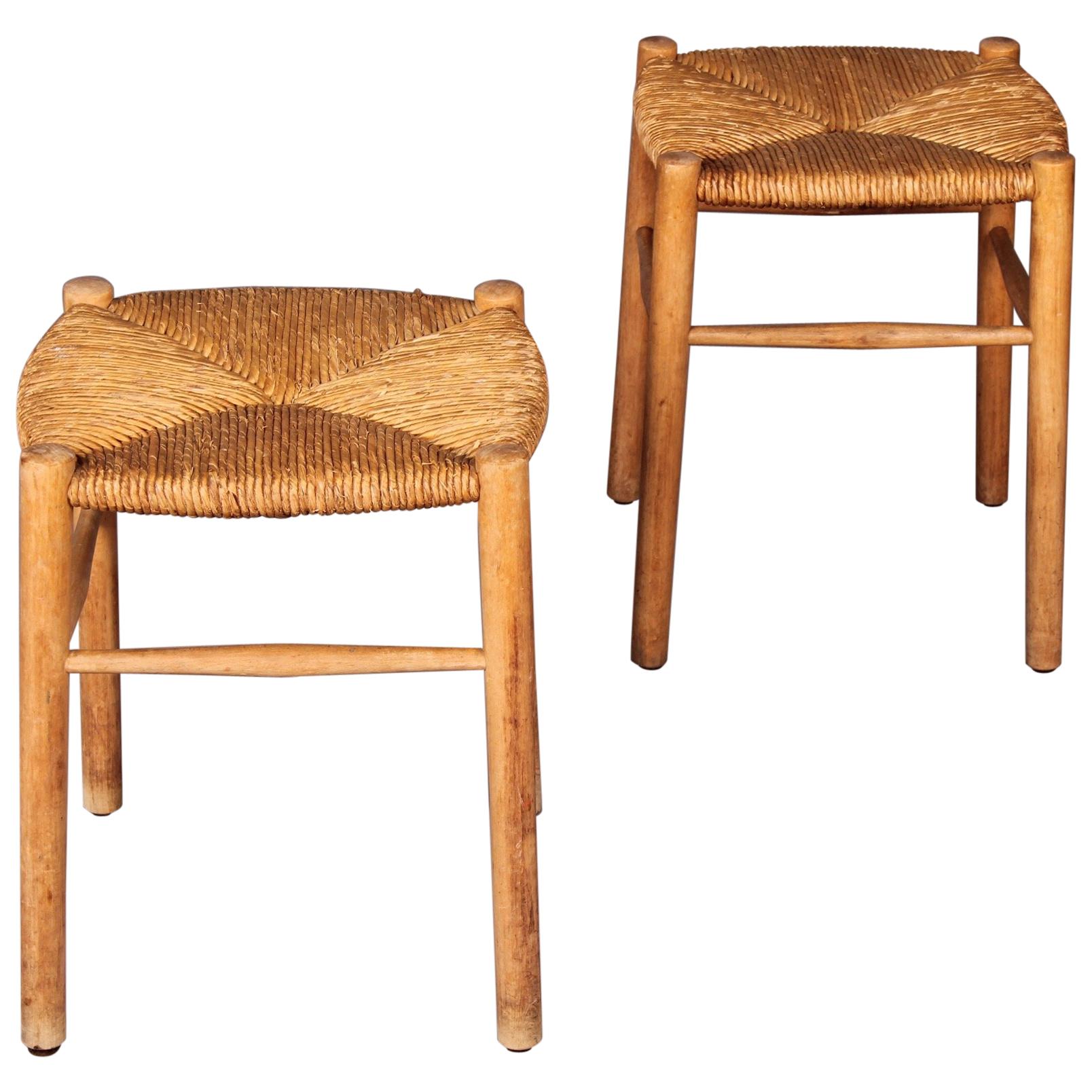 Wood and Straw Pair of Stools