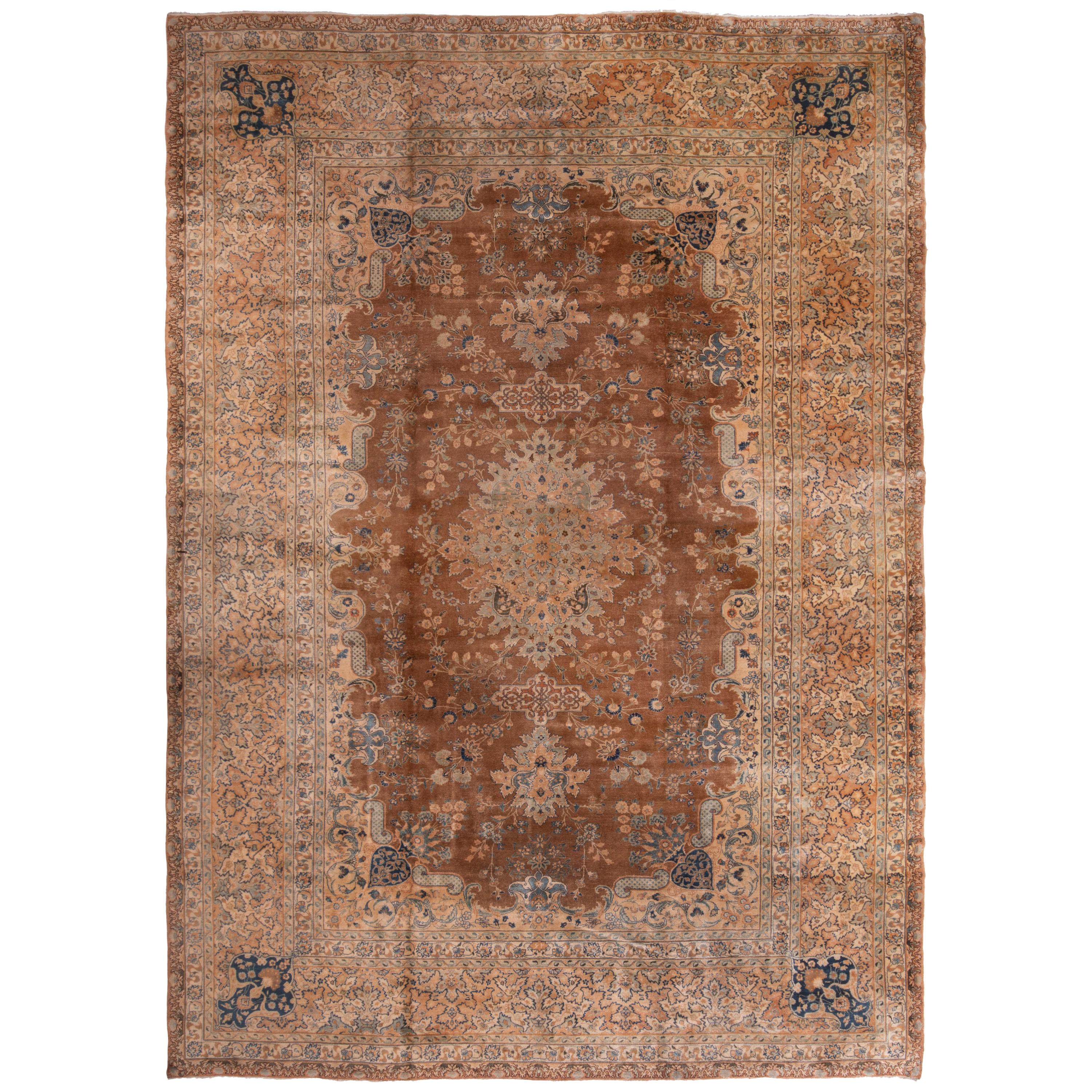 Antique Yazd Traditional Blue and Caramel Wool Rug with All-Over Floral Patterns