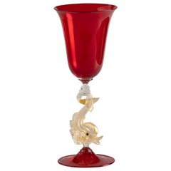 Murano Red and Gold Paste Dolphin Decorated Wine Glass, Italy, circa 1970