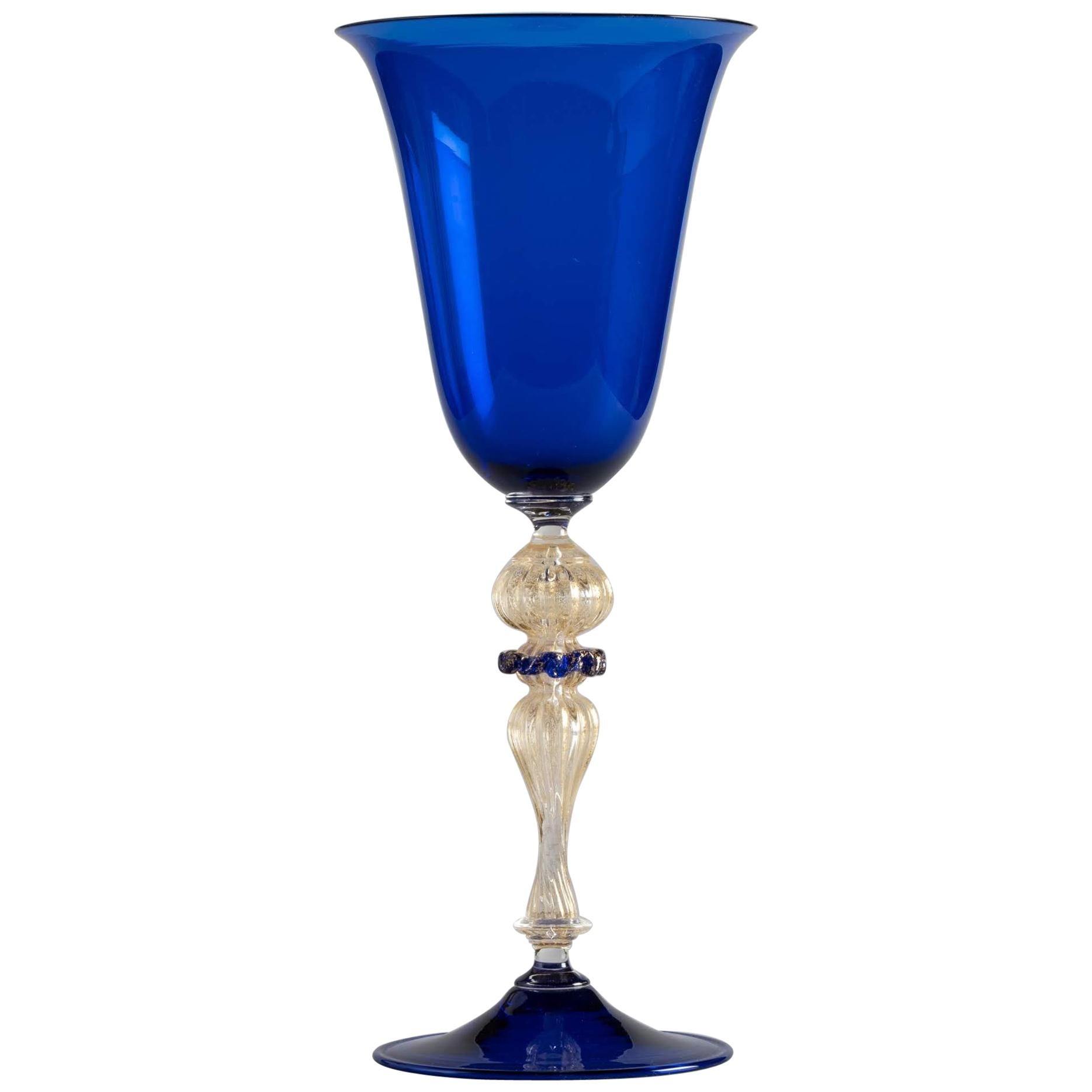 Murano Glass Blue and Gold Paste Wine Glass, Italy, circa 1970 For Sale