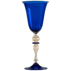 Retro Murano Glass Blue and Gold Paste Wine Glass, Italy, circa 1970