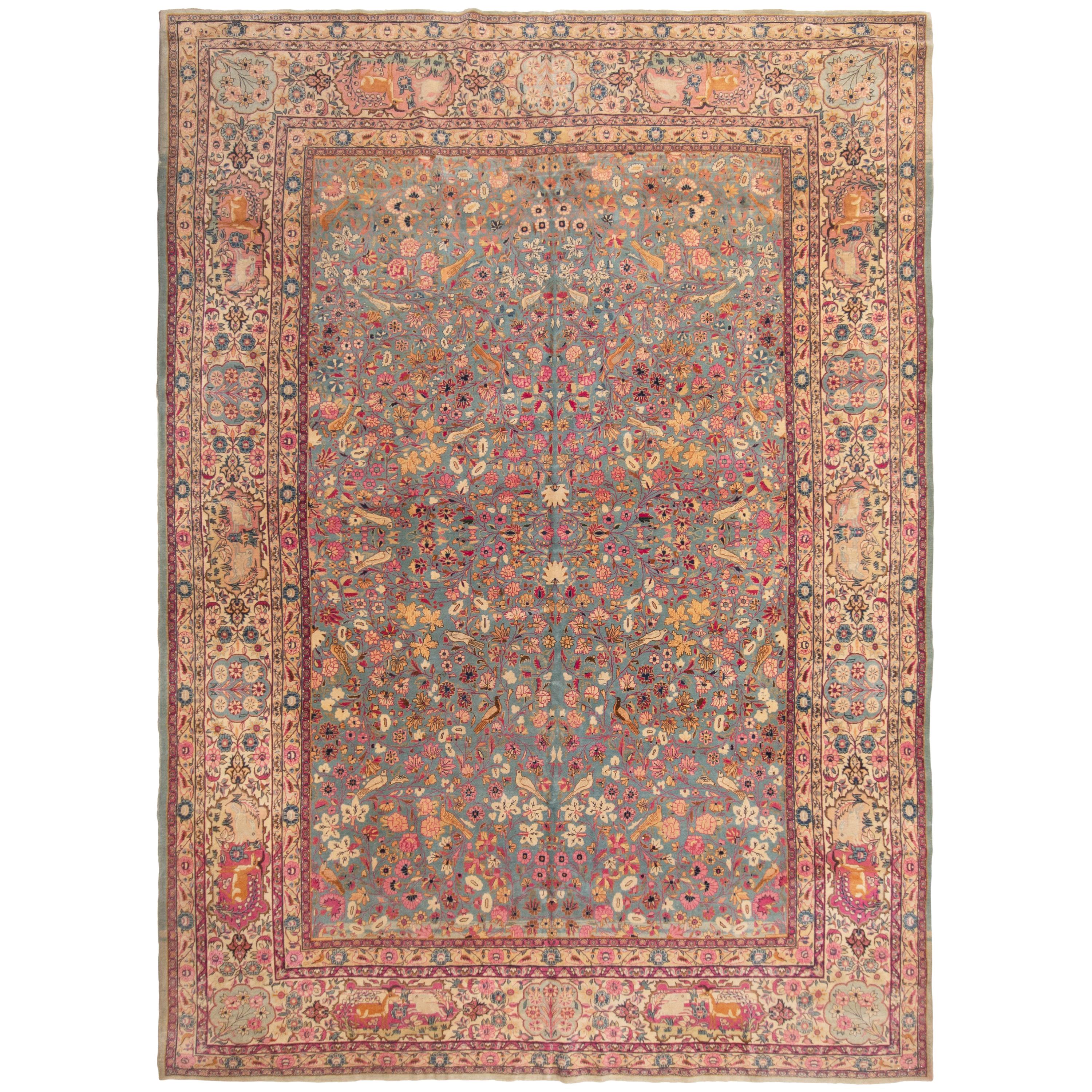 Antique Signature Kashan Pink and Blue Wool Rug with All-Over Floral Patterns