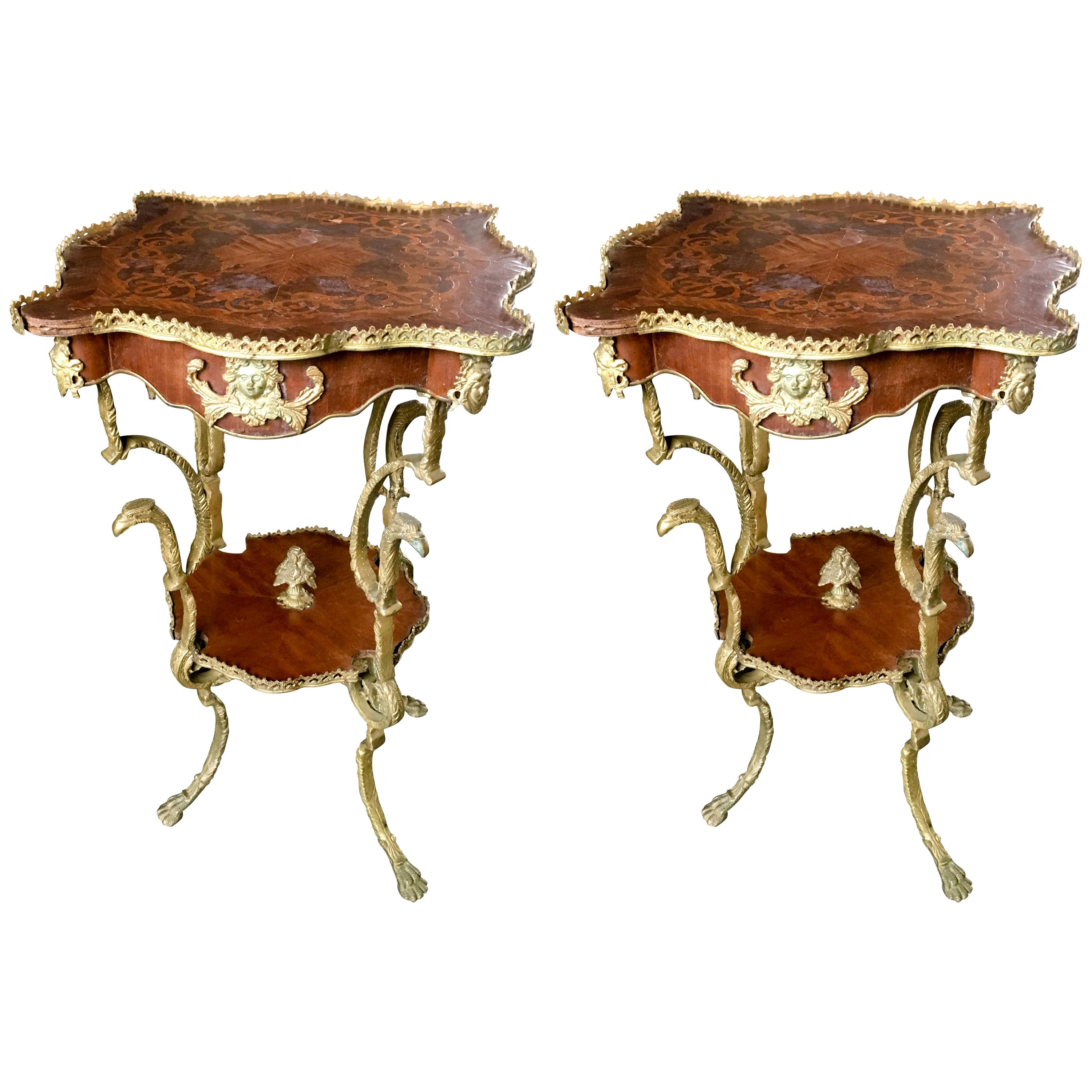 Pair of Mahogany Inlaid Side Tables, Rich Bronze Decoration , France 1860