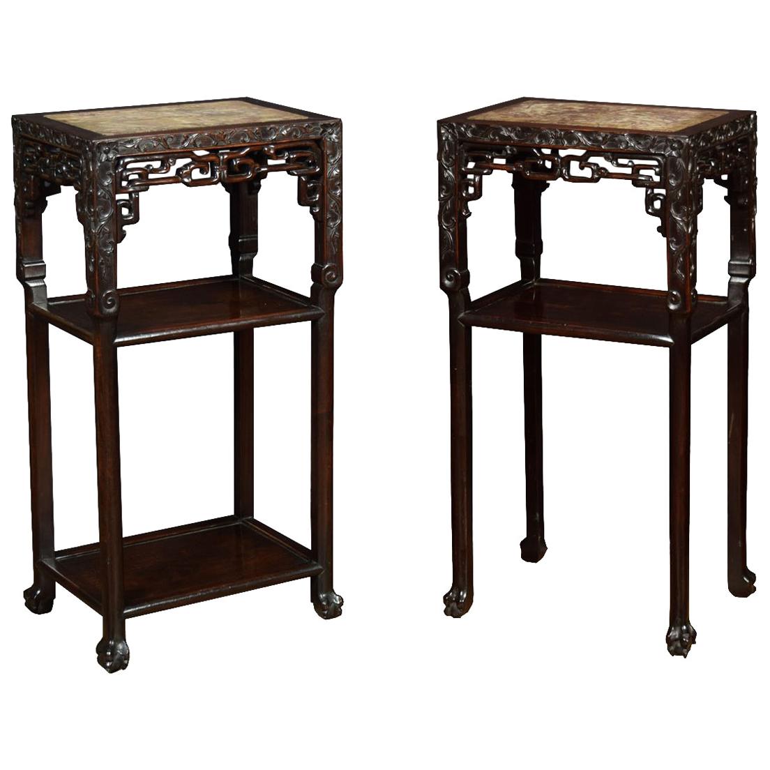 Pair of Chinese Rosewood and Marble Tables