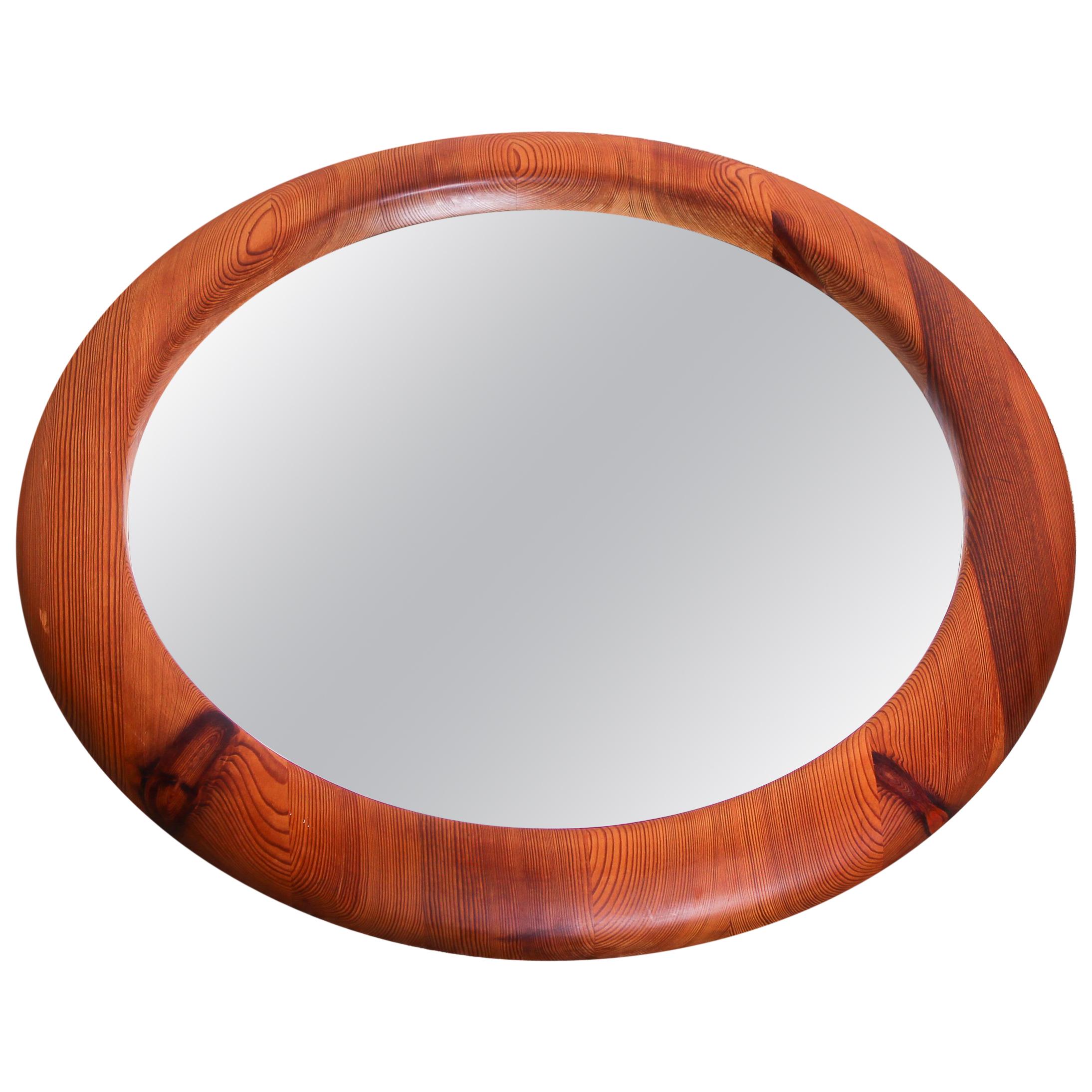 Midcentury Swedish Round Solid Pine Mirror, 1960s