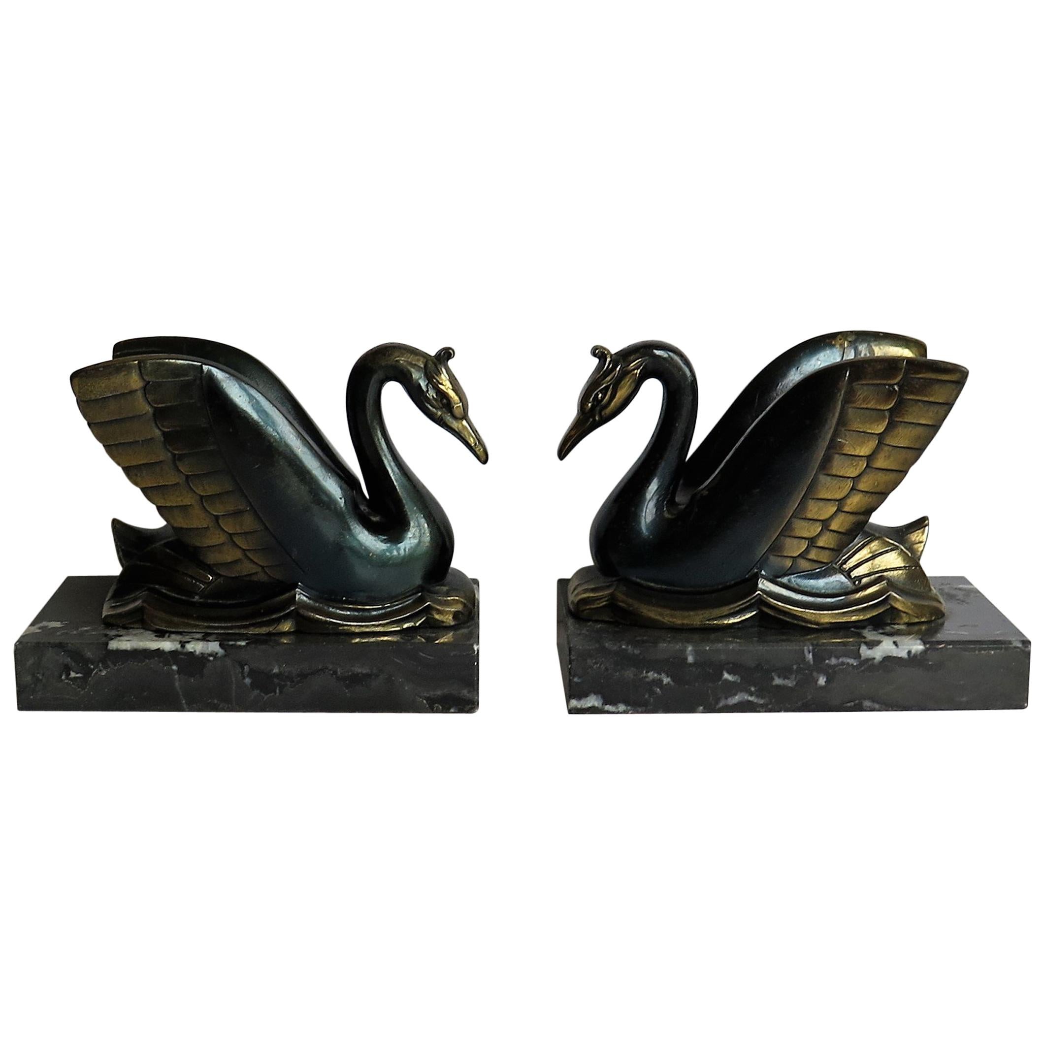 Art Deco Bookends Metal Cold Painted Swans on Marble Bases, French circa 1930