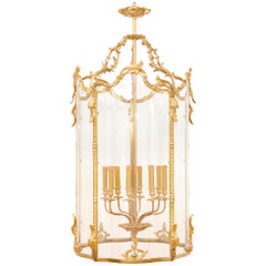 Large Glass and Gilt Bronze Hanging Hall Lantern