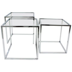 Italian Mid-Century Modern Set of Three Chromed Steel and Glass Nesting Tables