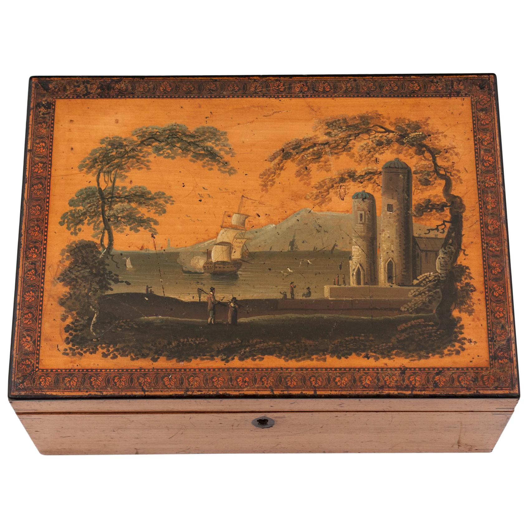 Sycamore Early Tunbridge Box Painted Ship, 19th Century For Sale