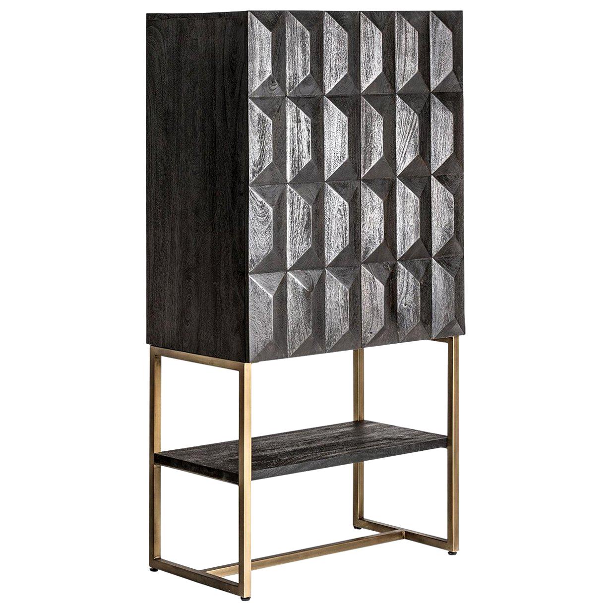 Black Wooden Dry Bar Cabinet Brutalist Style with Graphic Patterns