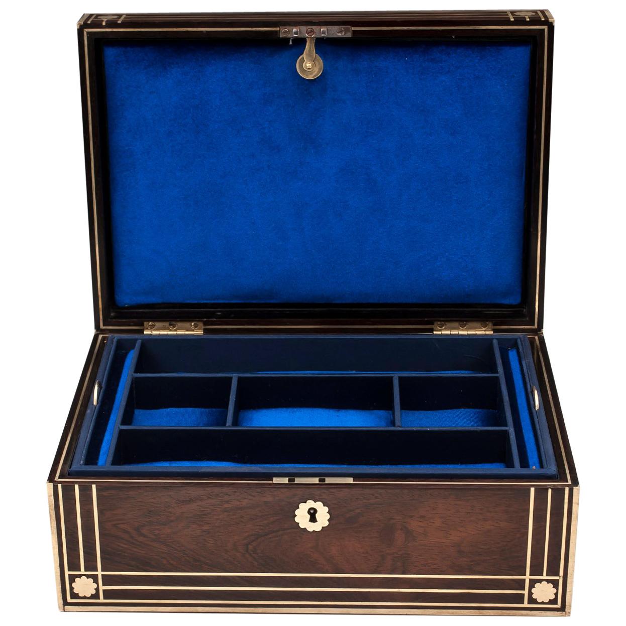 Antique Brass Bound Mahogany Jewelry Box, 19th Century