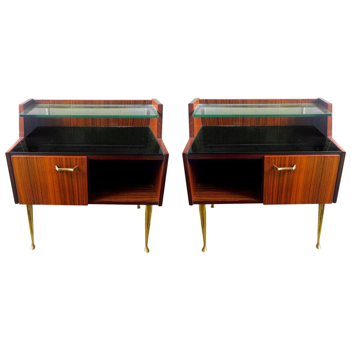 Pair of Italian Bedside Rosewood, glass and Brass Cabinets, Mid-Century Modern