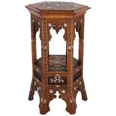 Moorish Style Carved Hardwood Side Table with Mother of Pearl Inlay