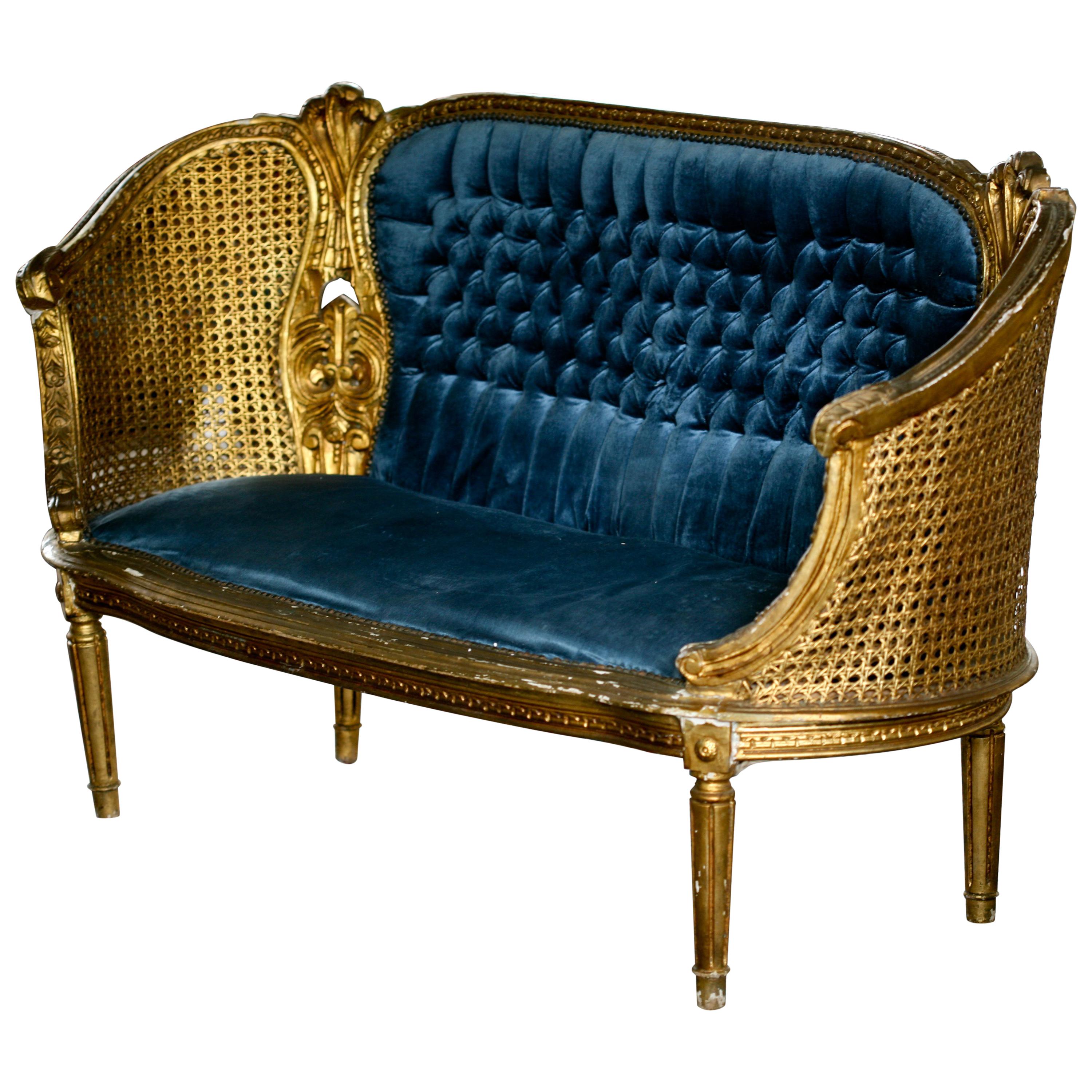 Magnificent French Louis XVI Gilded Cane Blue Settee or Canapé "Corbeille" 