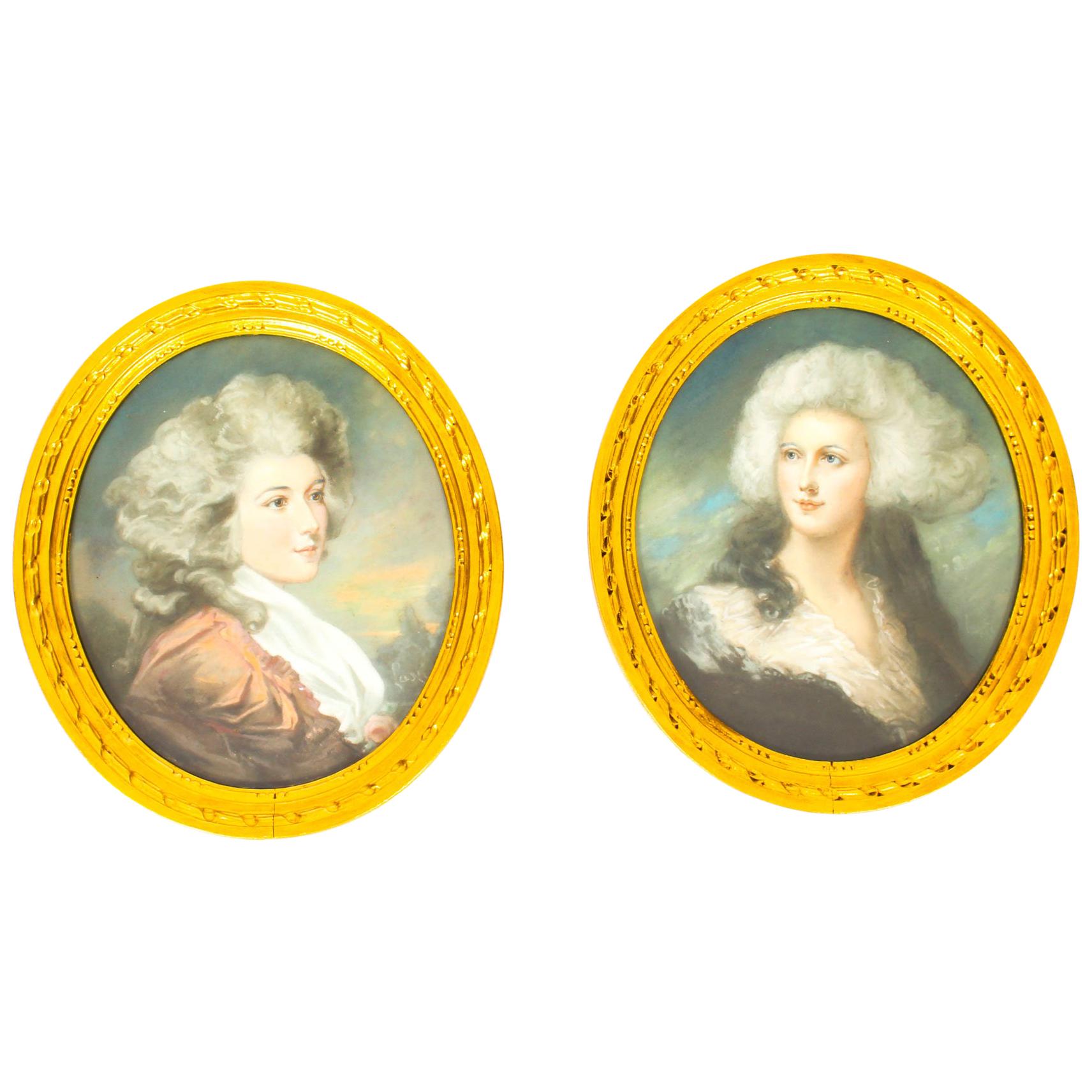 Antique Pair of French Pastel and Gouache Portraits, Mid-19th Century
