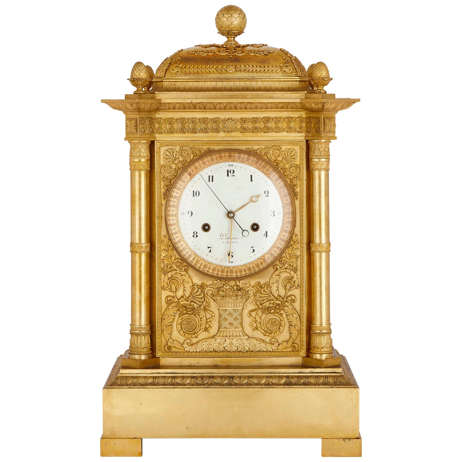 Large Neoclassical Style Gilt Bronze Mantel Clock by Piolaine