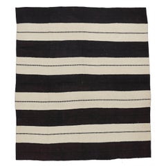 Vintage Ivory Black Striped Tribal Kilim