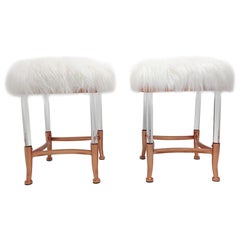 Vintage MCM-Pair Copper Lucite Frame Long Hair Sheepskin Stools Ottomans