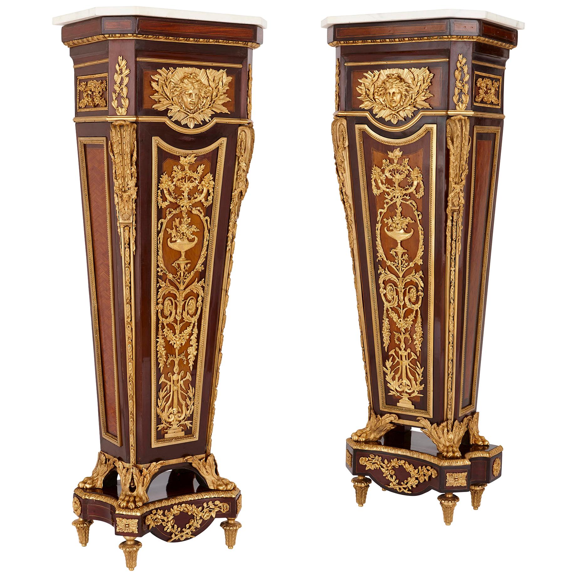 Near Pair of Gilt Bronze and Marble Mounted Mahogany Pedestals after Riesener For Sale