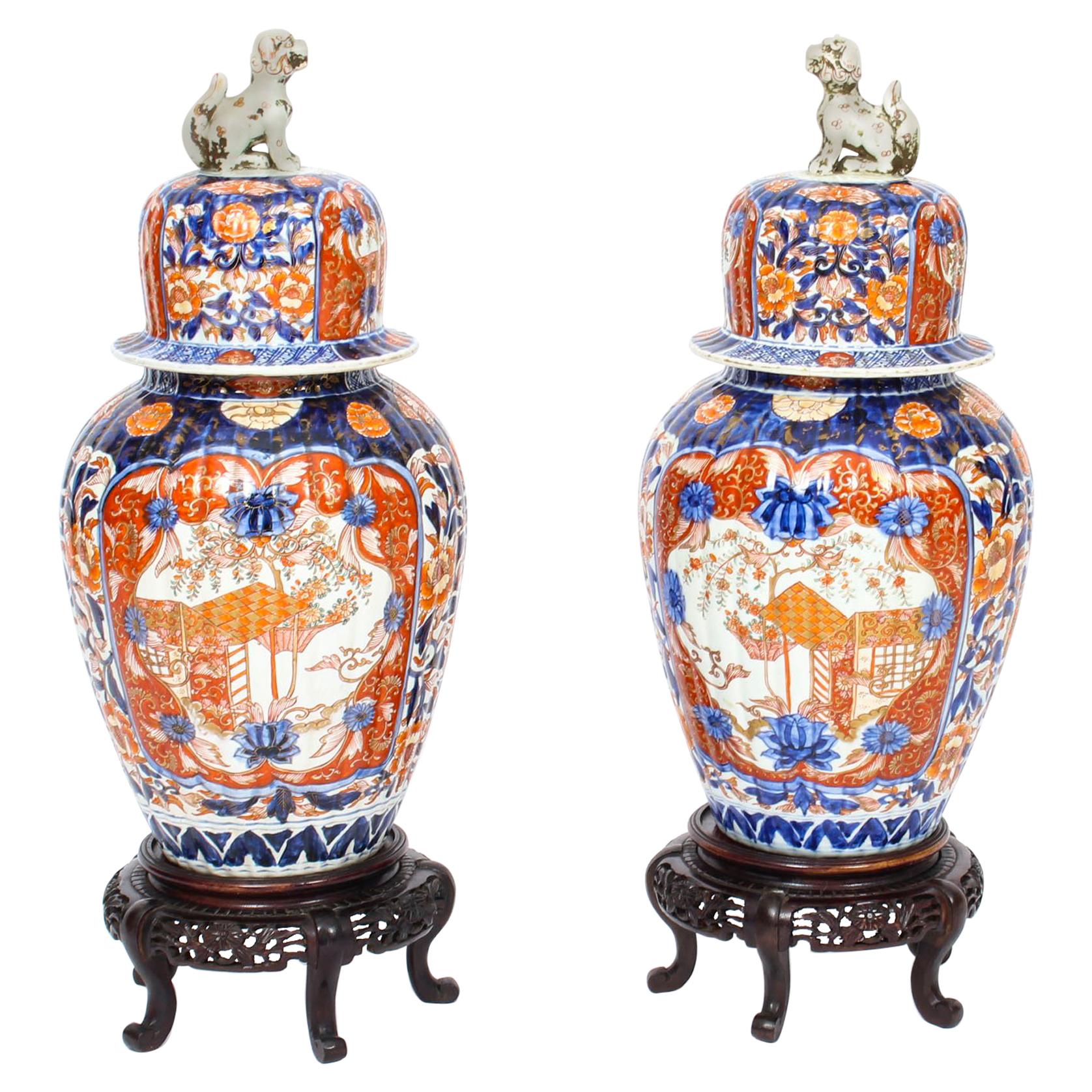 Antique Large Pair Japanese Imari Porcelain Vases on Stands, 19th Century
