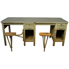 Retro Industrial Workbench, Two-Seat Desk Table, Factory Table, Metal, 1940s